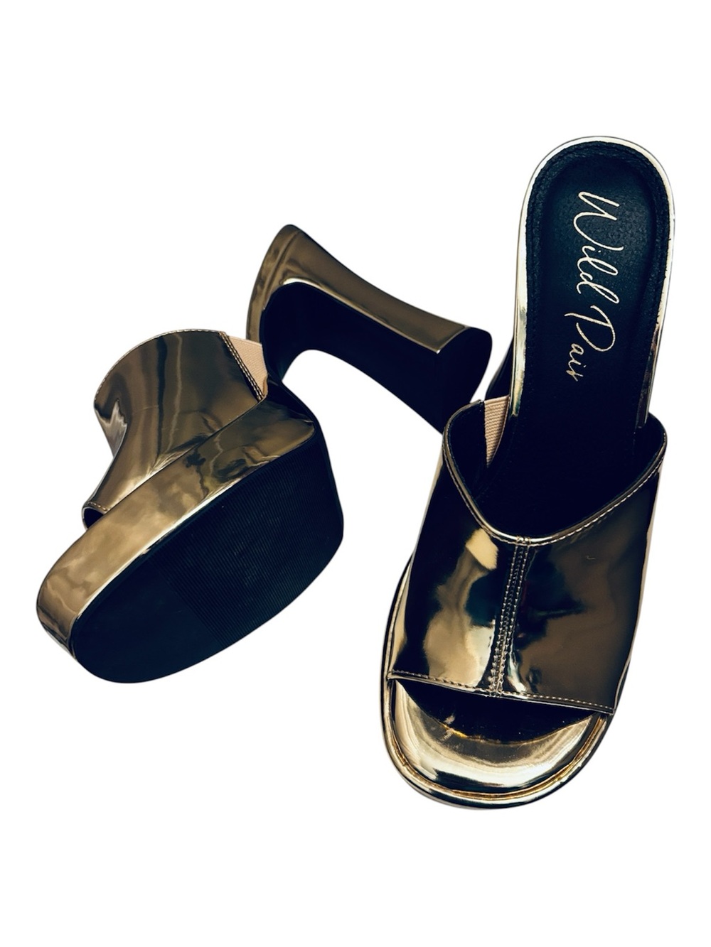 Wild Pair Gold Platform Heels Mules Block Heel Slip On Square Toe Vintage Y2K 8